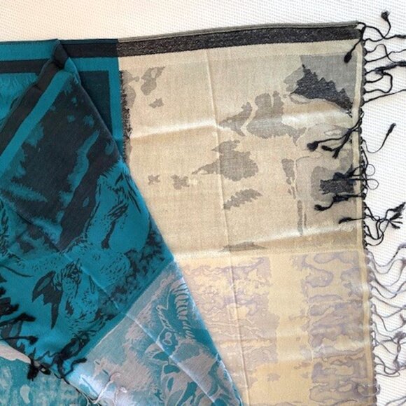 Reversible Teal Floral & Black Jacquard Shawl Wrap - 50% Acrylic 50% Viscose - Picture 3 of 3